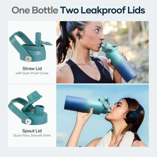 Buzio Duet Series Water Bottle with 2 Lids and Sleeve 1.2L - Cyan Blue
